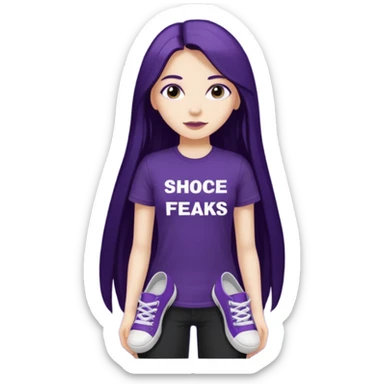 Girl dark purple long hair black tshirt "shoe freaks website " in white letters sticker