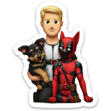 Deadpool holding a German shepherd puppy sticker