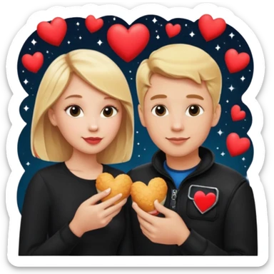 Couple with blonde hair wearing black eating chick filet hearts and outer space in the background  sticker