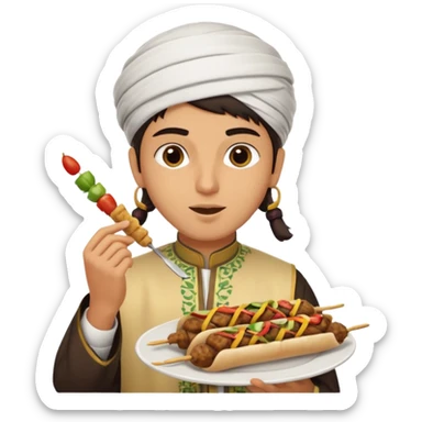 young Lebanese person in traditional arabic outfit eating kebab sticker