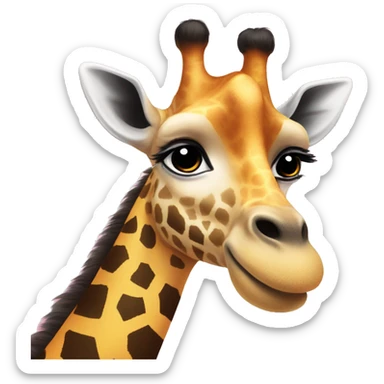 Giraffe with a pink bow on the left ear and a black  bow on the right ear with yellow and orange sparkly eyes sticker