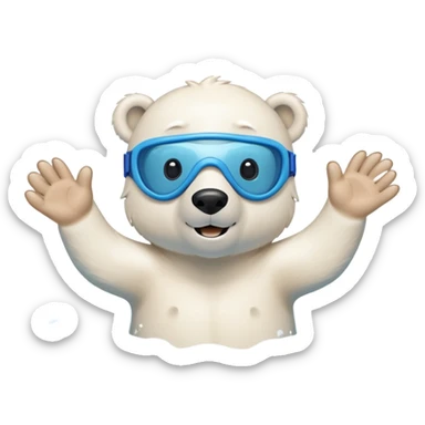 friendly anthropomorphised polar bear swimming freestyle in a pool with excited expression wearing blue swimming goggles sticker