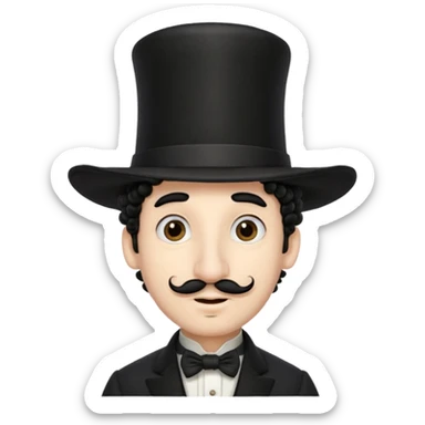 A man with a big nose and a black hat like a top hat but round and all black, with a strand of curly hair coming out from both sides of the hat, the strand of hair should be long and just 1 hair  sticker