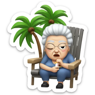 An angry old looking , short fat white lady with grey  hair , with a cigarette in her mouth ,sitting outside next to palm trees , on a grey small plastic chair sticker