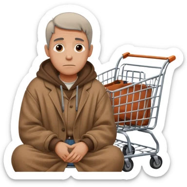 A man in oversized old clothes sat next to a shopping cart half body, looking around with gentle, hopeful eyes. sticker