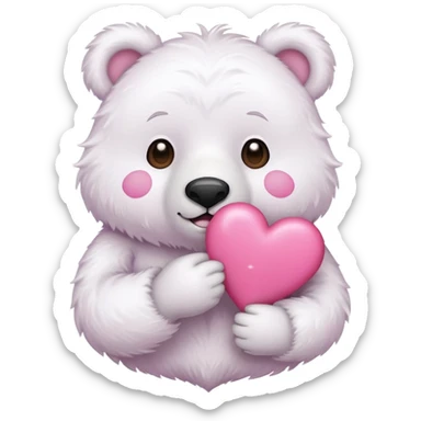 white bear holding a pink heart in hand, emoji style sticker
