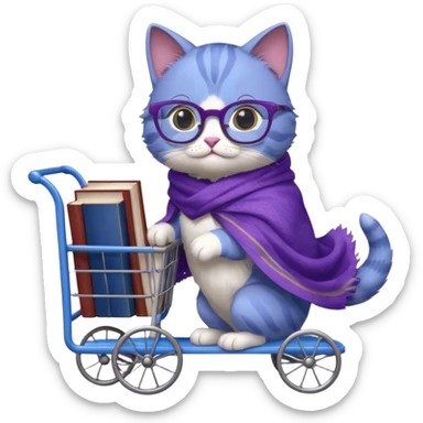Purple and blue cat with reading glasses and a shawl, pushing a cart full of books sticker