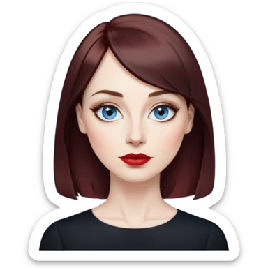 Artistic woman in her 40s with pale skin, oval face, large expressive blue eyes with eyeliner, thin arched eyebrows, small nose, full lips with red lipstick, dark auburn hair that's straight with slight waves at ends, straight bangs, wearing a black top, warm creative expression sticker
