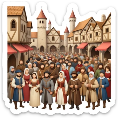 Medieval town crowd scene with many people together, mix of wealthy merchants and common townspeople gathered in a marketplace sticker