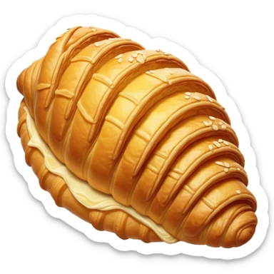 Cinematic golden croissant, perfectly flaky with crisp layers, slightly cracked to reveal buttery soft interior, warm golden glow, highly detailed and inviting. sticker