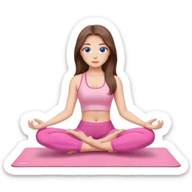 Brunette long hair and blue eyes yoga beautiful girl in light pink pink pink clothes sitting on a yoga mat sticker