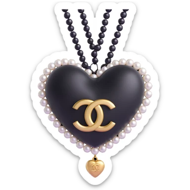 Add a string of pearls around the heart, keep the gold Chanel logo, elegant, glossy, black and white, 3D emoji style, with no background sticker