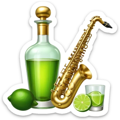 Tequila bottle with limes and a saxophone  sticker