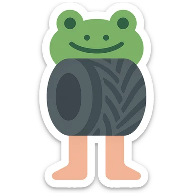 Change the legs to realistic human legs, keep the tire and frog's head, playful and bold icon style, no background sticker