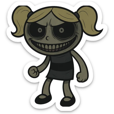 Bubbles from Powerpuff Girls, cartoon style, full body, scary and creepy look, unsettling smile, dark and eerie colors sticker