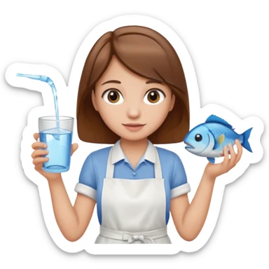 A girl with brown hair wearing an apron and holding a fish and a cup of water in another hand sticker