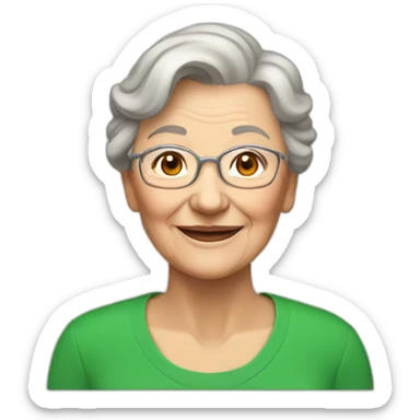 Smiling elderly woman in green jersey no glasses. Light brown hair sticker