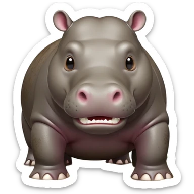 cinematic-hippo-realistic-full-body side view-standing on all fours-emoji,-massive-round-frame-partially-submerged-in-muddy-water,-wide-mouthed-grin-exposing-huge-teeth,-head-tilted-dramatically,-thick-greyish-brown-hide-glossy-from-water,-simplified-yet-realistic-focused-features,-highly-detailed,-glowing-with-an-almost-sarcastic-glow sticker
