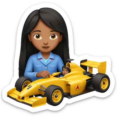  long black haired black girl kid playing yellow colored formula 1 car toy sticker