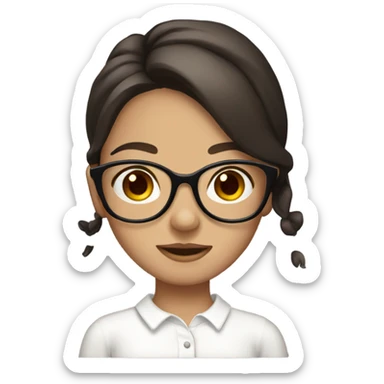 A girl with dark brown hair glasses with a bow and a cute white shirt sticker