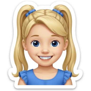 Little girl with ponytail smiling missing two bottom teeth  sticker