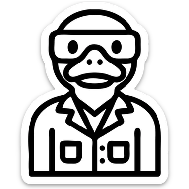 cartoon duck wearing a scientist's coat and goggles, icon style, flat colors, simple and recognizable sticker
