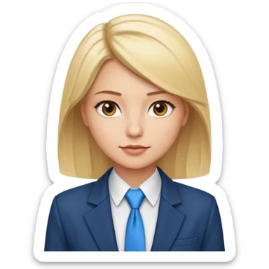 une femme blonde jolie avec des jolies traits avec une chemise blanche et une veste a manche longues et cravate bleu elle a les yeux marron sticker