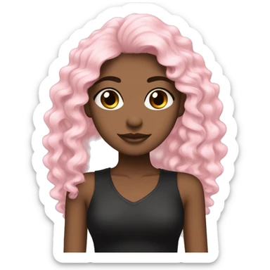 cabelo longo preto enrolado, menina pele bege, olhos pretos, roupa rosa claro. sticker
