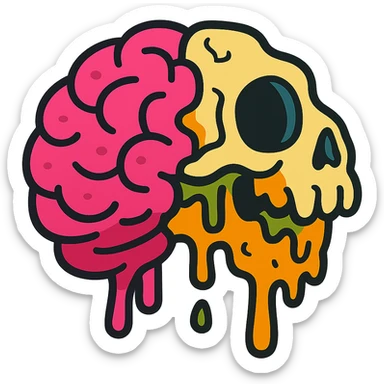 brain half decomposed, with exposed bone and oozing textures, in a vibrant cartoon style sticker