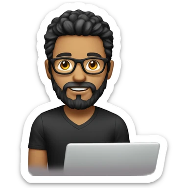 A boy with sun eyeglasse and long facial hair and white skin and black hair with laptop sticker