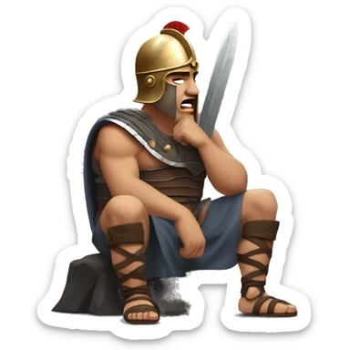 Bored Gladiator: A gladiator with a helmet and sword resting on the ground, yawning and looking disinterested, as if waiting for the next fight and tired of waiting. sticker