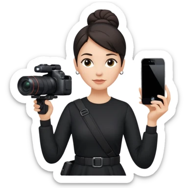 middle aged woman photographer with dark hair, slicked back in a bun, wearing black clothes, carrying a canon r5 and an iPhone on a gimbal sticker
