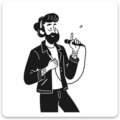 rock star with neat trimmed beard, tattooed arms, headphones resting on shoulders, happy expression, holding mic in one hand and pencil in other sticker