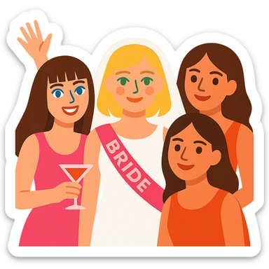 bachelorette party group of 4 girls, one with brown hair, blue eyes, fringe; two with brown hair; one bride with green eyes, blonde shoulder-length hair sticker