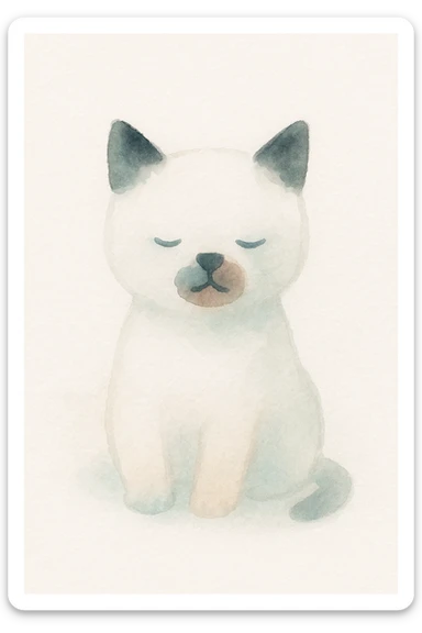 white kitten with a black spot on each ear and a black patch around its mouth, soft painterly style sticker