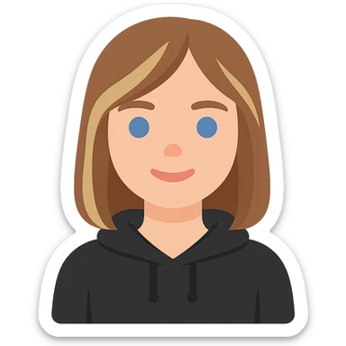 designer girl with blue eyes, shoulder-length brown hair with blonde highlights, wearing a black hoodie sticker