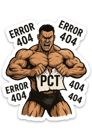 bodybuilder che strappa un foglio con la scritta "PCT" INTORNO A LUI FLUTTUANO LE PAROLE "ERROR 404" sticker