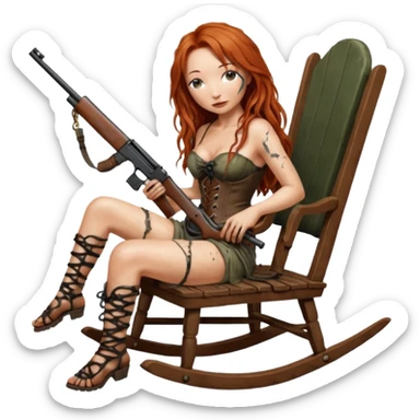 cinematic ultra HD Tori Amos casually crouches on a rocking chair in a torn corset, holding ashotgun and with muddy feet. a bronze snake wrapped itself around the chair sticker