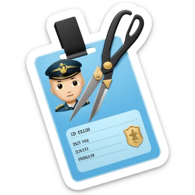 Floating black Scissors cutting in half a light blue idf soldier ID card with golden chip in 2 parts .hyper realistic sticker