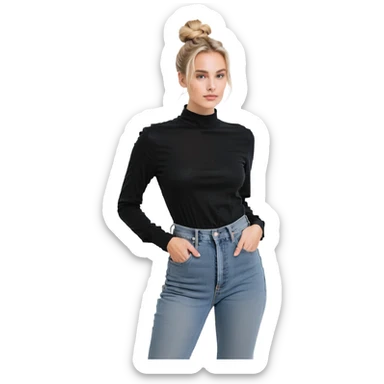 blond woman with bun, long sleeve black shirt, and jeans sticker