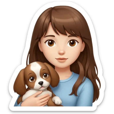 A girl with long brown hair and bangs holding a puppy sticker
