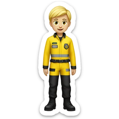 blonde boy wearing bright yellow and red ems uniform, and yellow trousers and black boots sticker