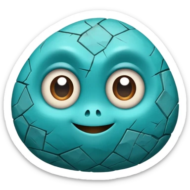 One small turquoise rock creature, rounded but still clearly a rock with cracks and facets, subtle shine, big expressive eyes and a shy smile, sticker