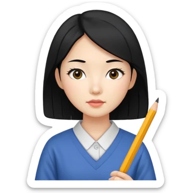 a korean cosmetics marketing expert women with black hair, holding a pencil sticker