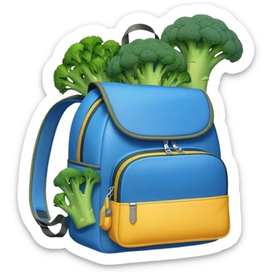 A Big Blue backpack with broccoli falling out sticker