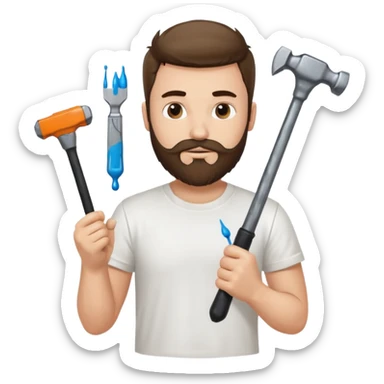  guy who looks very handsome, he has a beard, wears a white tee shirt with drops of paint on it and holds a black screwdriver in one hand and a black hammer in the other  sticker