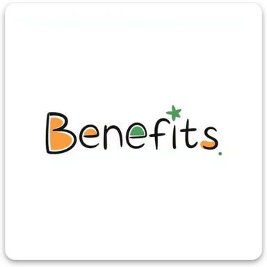 The word "Benefits" hand-drawn in white/cream colored text with just a few green and orange accents. Simple doodle style. sticker
