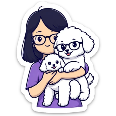 Girl with long black hair and glasses holding a white Bichon Frise dog sticker