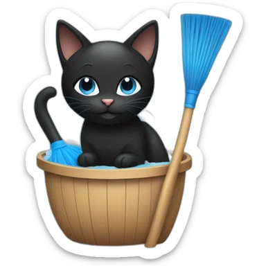 a black cat with blue eyes taking a steam bathome with a banya broom sticker