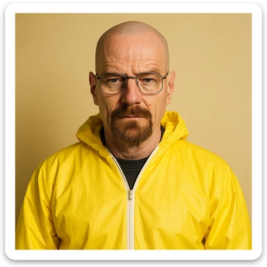 Walter White, bald man with glasses and goatee, wearing a yellow hazmat suit, serious expression, iconic TV character, simple background sticker